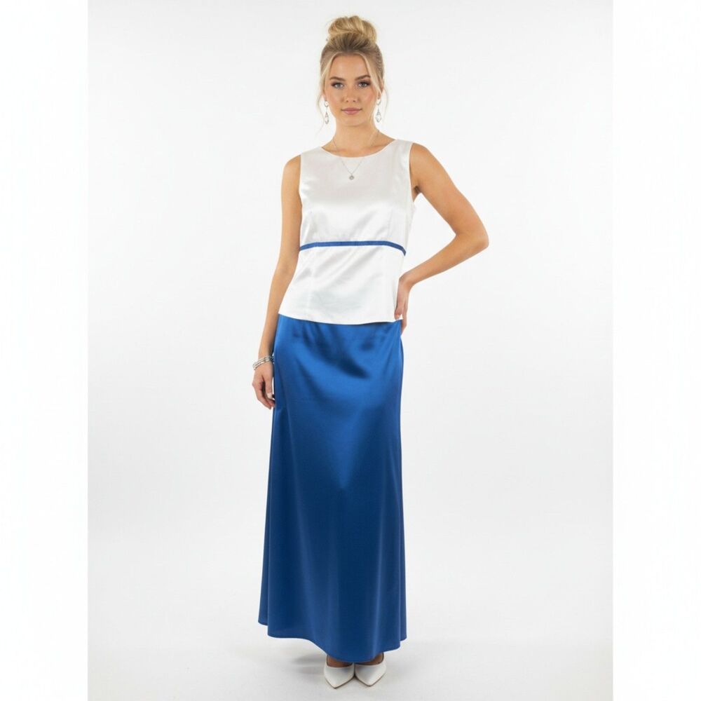 Alfred Angelo White & Blue Satin Sleeveless Top & Maxi Skirt Set 8